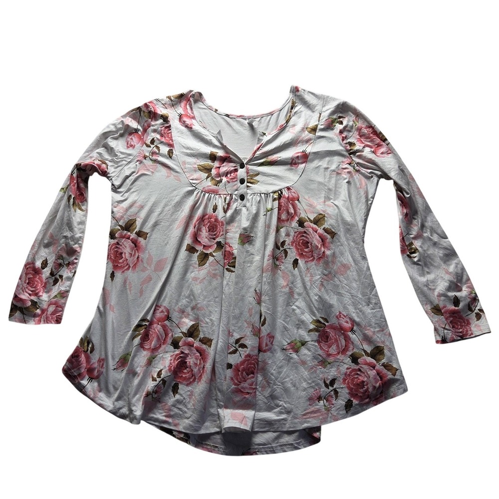 ALLEGRACE Blouse Womens Plus 2X White Henley Long Sleeve Floral Tunic Top